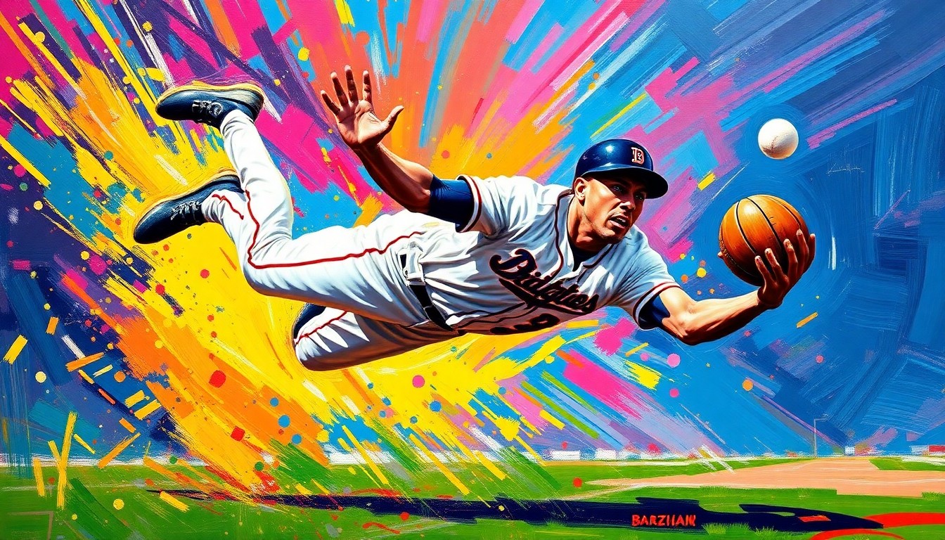A dynamic, colorful painting with thick, energetic brushstrokes depicting a baseball player mid-dive, arms outstretched, as they make a spectacular catch, capturing the excitement and drama of the play.