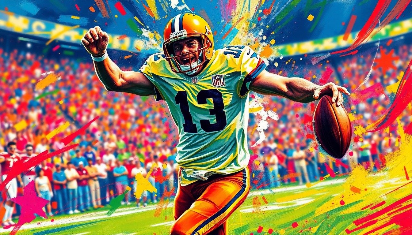 An extreme close-up of a football player leaping into the end zone, their body and uniform dissolving into vibrant, expressive brushstrokes of neon colors, capturing the raw energy and emotion of a decisive game-winning play.