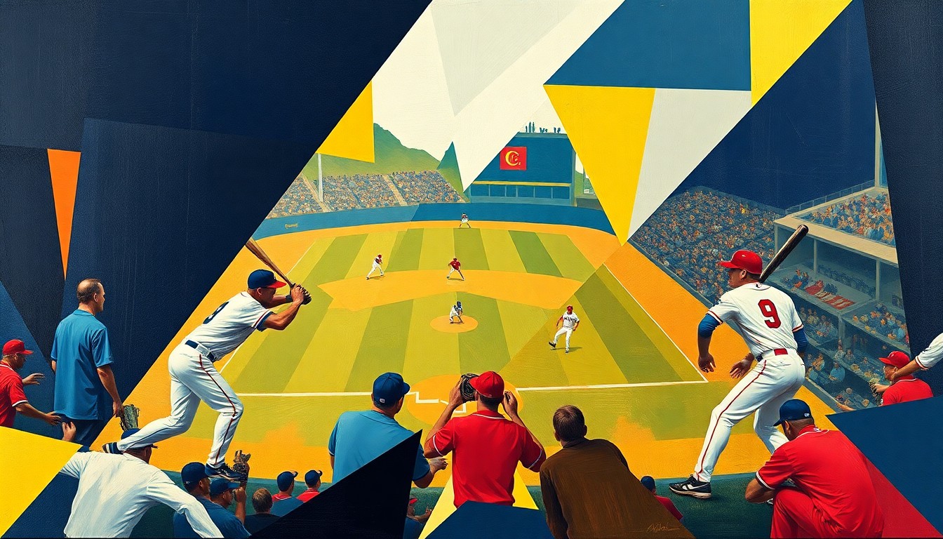 A fragmented, geometric painting in bold colors depicts the dynamic action of a baseball game, with players' forms broken down into sharp, overlapping shapes.