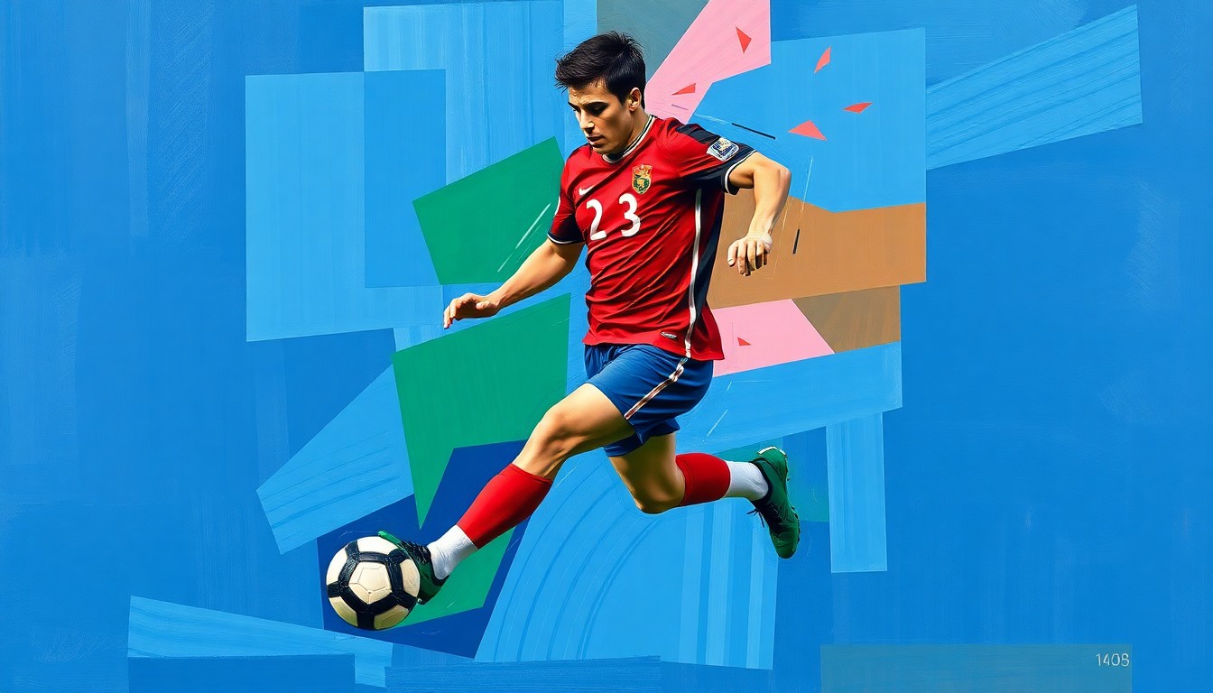 A fractured, geometric painting depicting a soccer player in mid-action, with sharp, overlapping planes of color representing the dynamic nature of the sport and the landmark contract signing.
