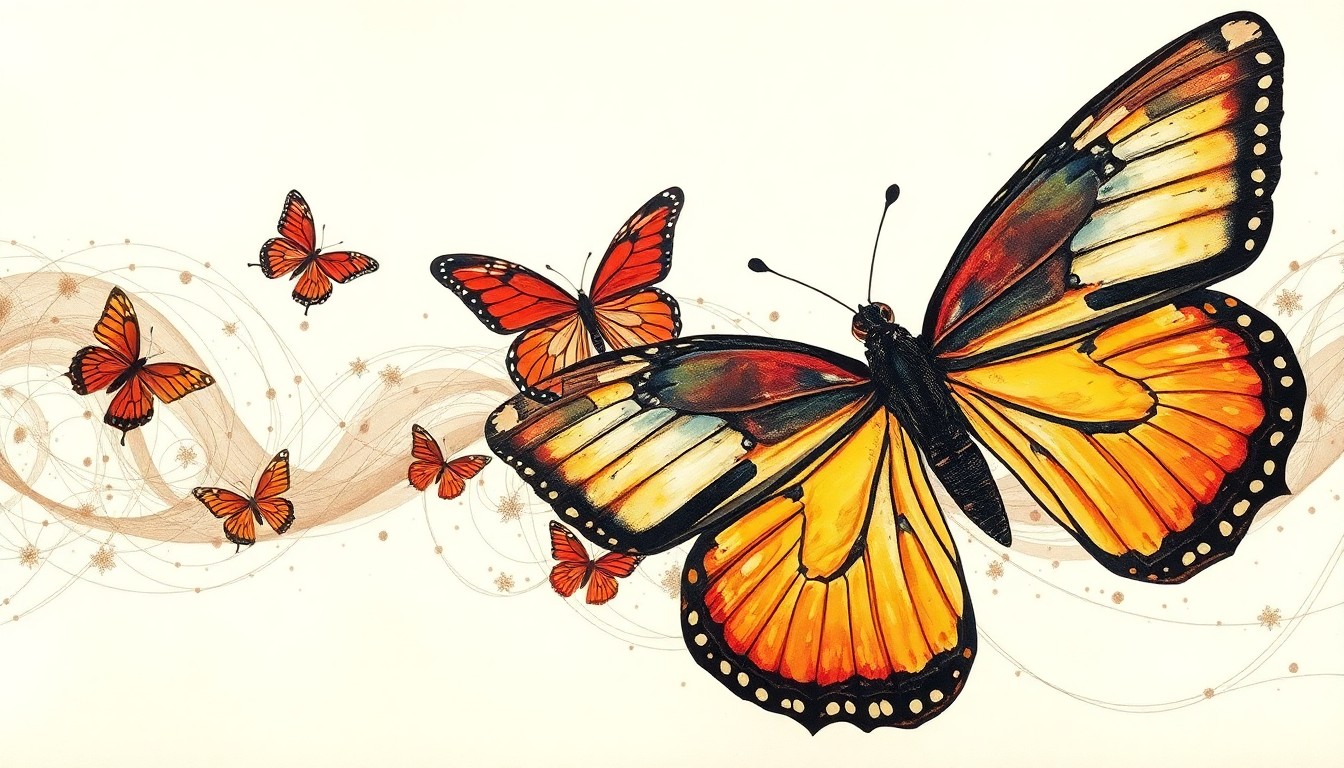 An abstract painting in soft, natural colors featuring sweeping geometric shapes and precise botanical spirals, conceptually representing the vibrant patterns and complex structures of butterflies in flight.