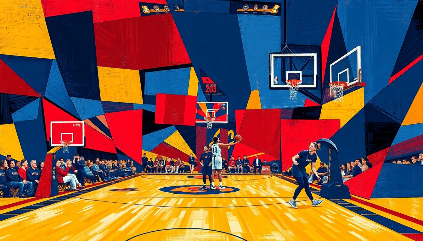 A fractured, cubist-style painting depicting a WNBA basketball game in motion, with the players and court broken down into sharp, overlapping geometric shapes in the Aces' official team colors of navy blue, red, and gold. The abstract, multi-perspective composition captures the energy and dynamism of the sport.