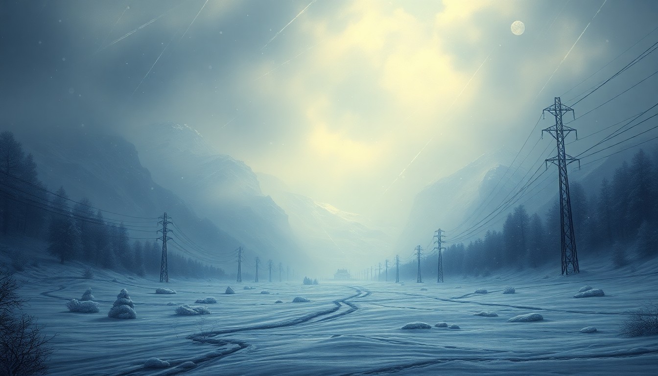 A sweeping, atmospheric landscape painting in muted tones of gray and blue, with heavy snowfall obscuring the horizon and dwarfing any visible power lines or structures, conveying the overwhelming scale and power of the blizzard.