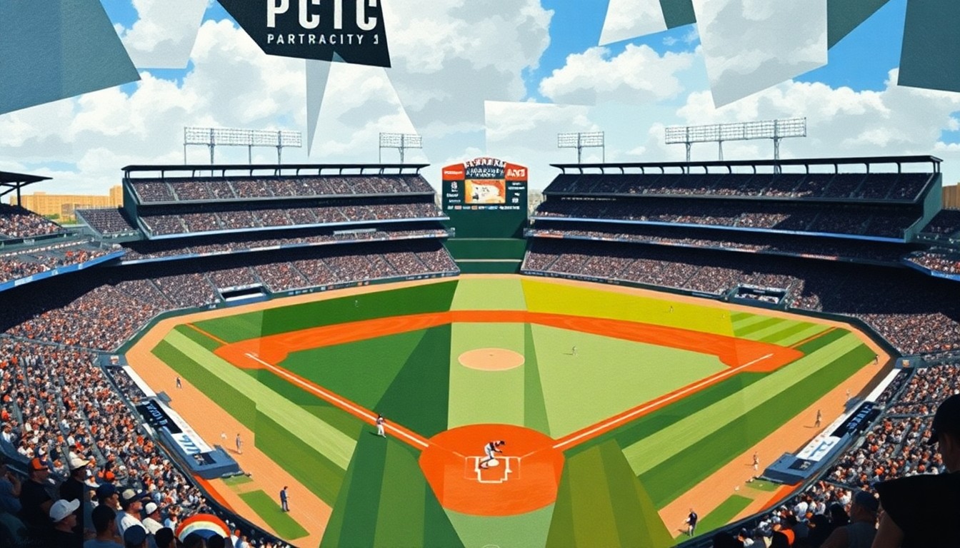 A fractured, multi-perspective painting depicting a baseball game, with the players, field, and stadium broken down into sharp, overlapping geometric shapes and planes of color in the style of Pablo Picasso.