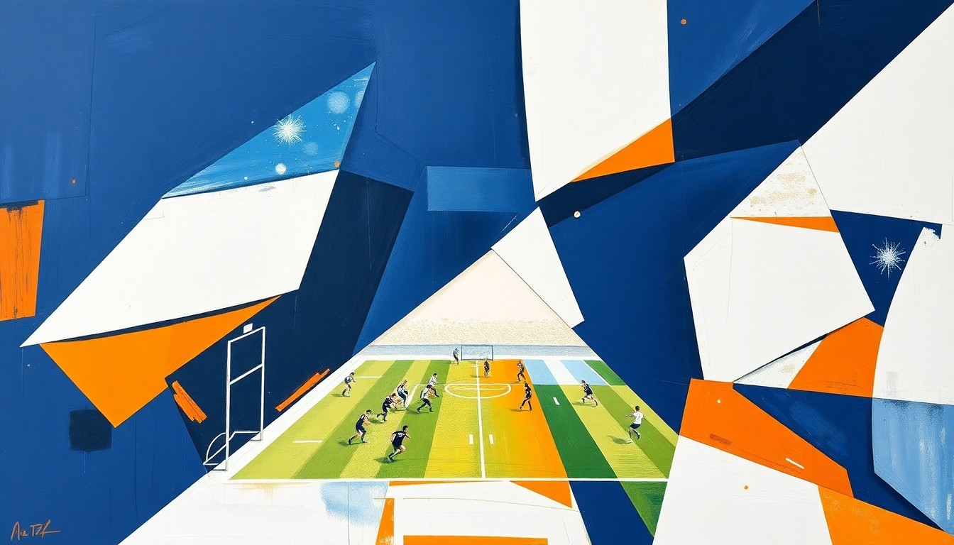 A cubist, geometric painting depicting a fragmented football game, with sharp, overlapping planes of navy blue, orange, and white, conceptually representing the strategic planning and roster building process of an NFL team.