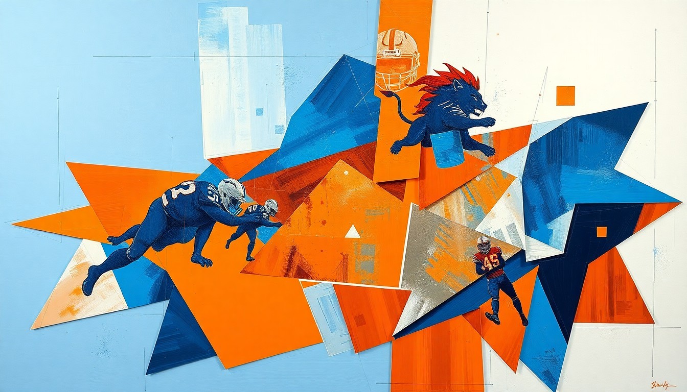 A fragmented, geometric painting depicting a Detroit Lions football game, with sharp, overlapping planes of deep blue, burnt orange, and metallic silver, conceptually representing the team's shift towards a youth-focused roster.