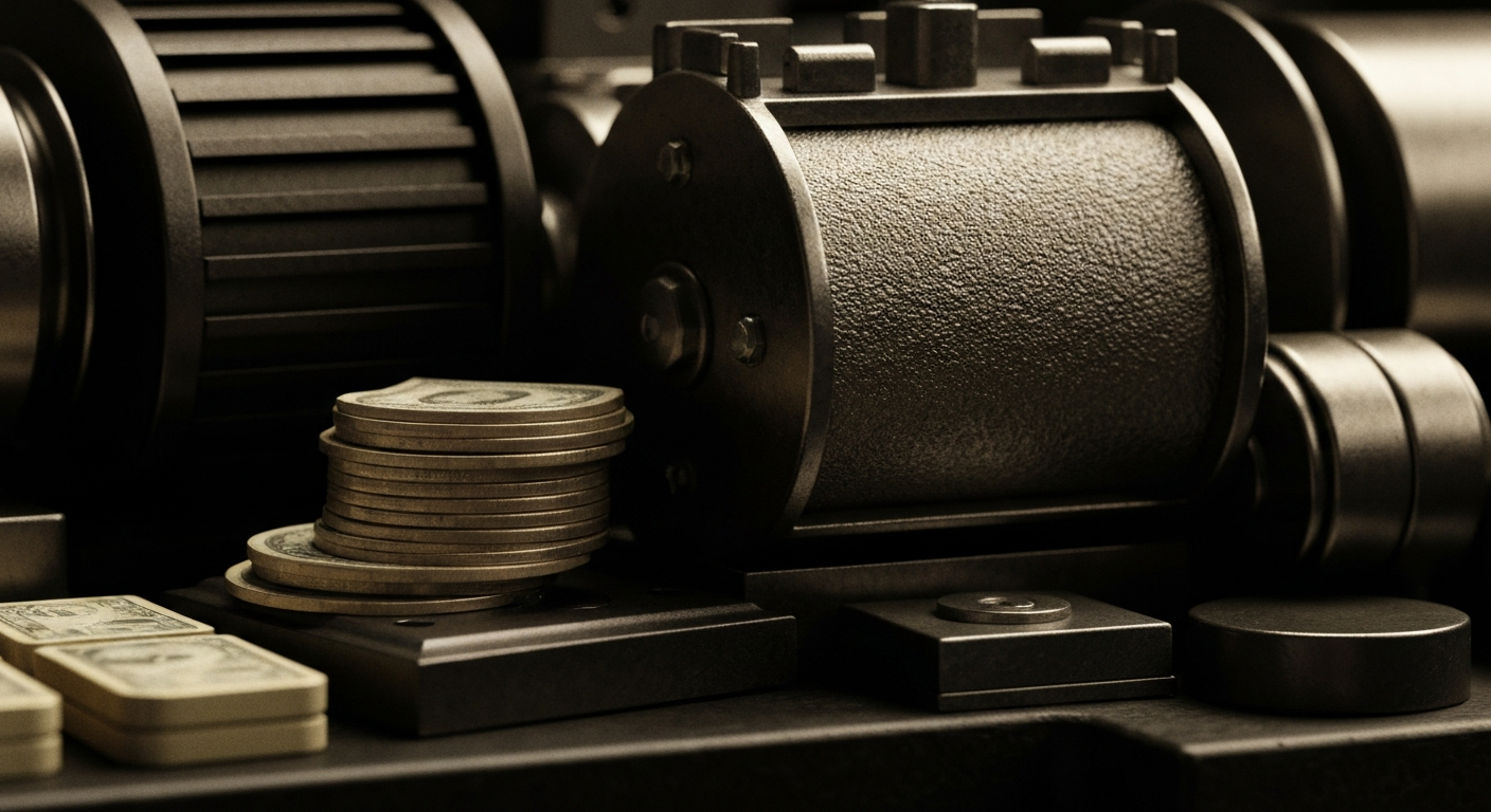 A highly detailed, black-and-white macro photograph of the inner workings of a bank vault or safe deposit box, capturing the heavy, industrial nature of financial security and wealth storage.