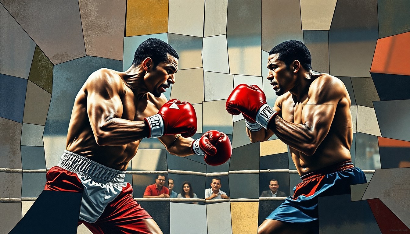A cubist-style painting depicting a boxing match between two figures, their forms broken down into sharp, overlapping geometric shapes and planes in a dynamic, energetic composition.