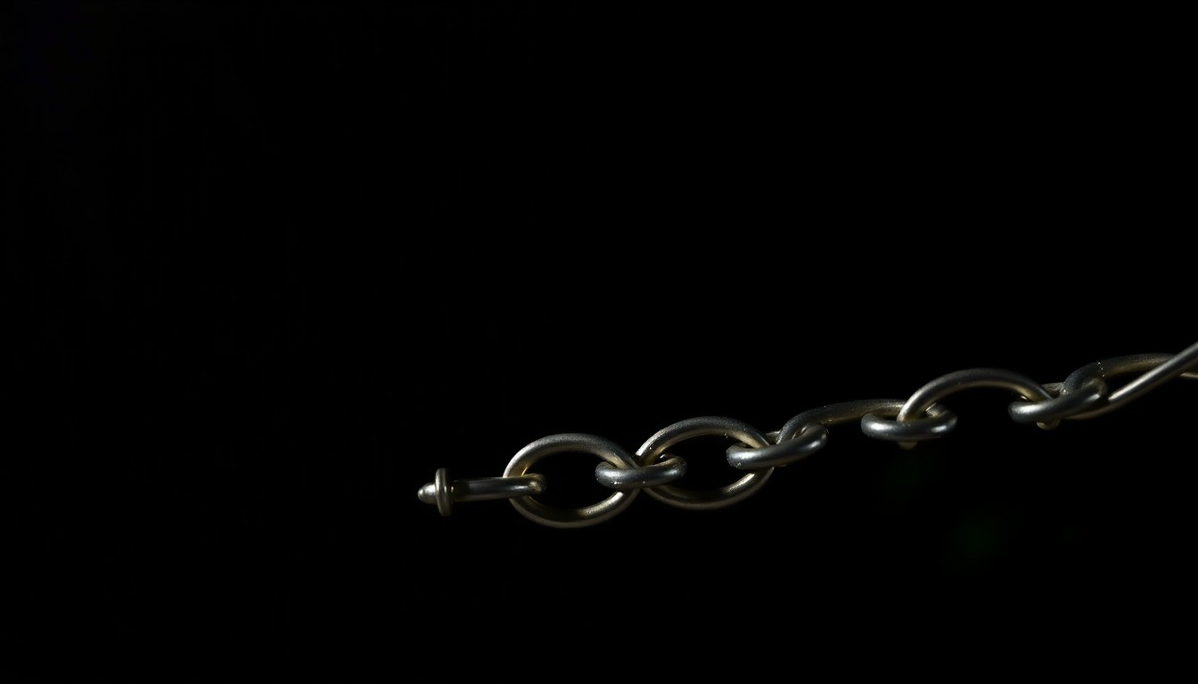 An extreme close-up photograph of a police-issued handcuff chain against a pitch-black background, lit by a harsh, direct camera flash, conceptually illustrating the apprehension of a suspect evading arrest.