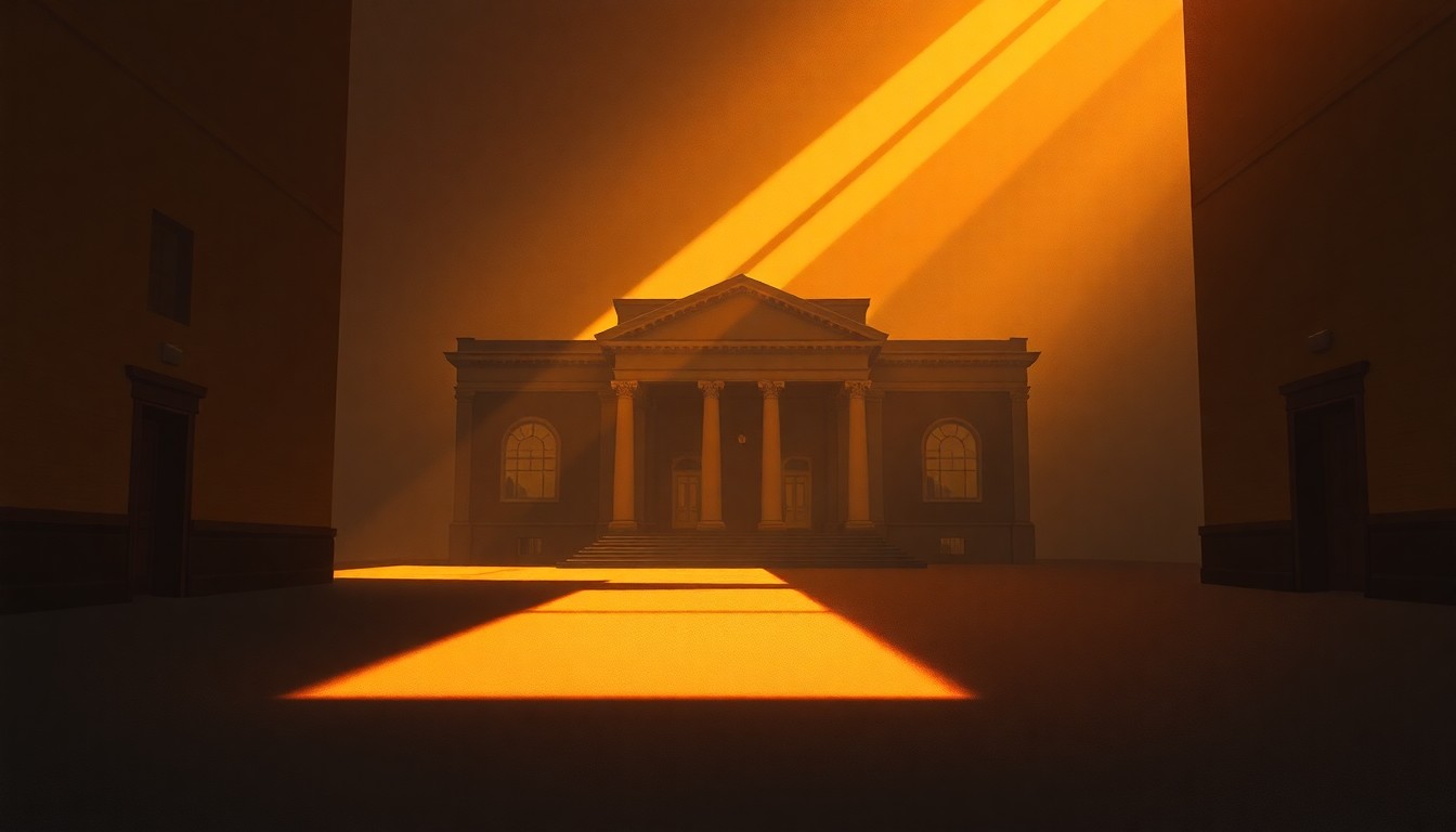 A serene, photorealistic painting of a government building or civic structure in a small town, with warm sunlight casting long shadows across the facade and surrounding landscape, conveying a sense of quiet contemplation about the ethical issues at hand.