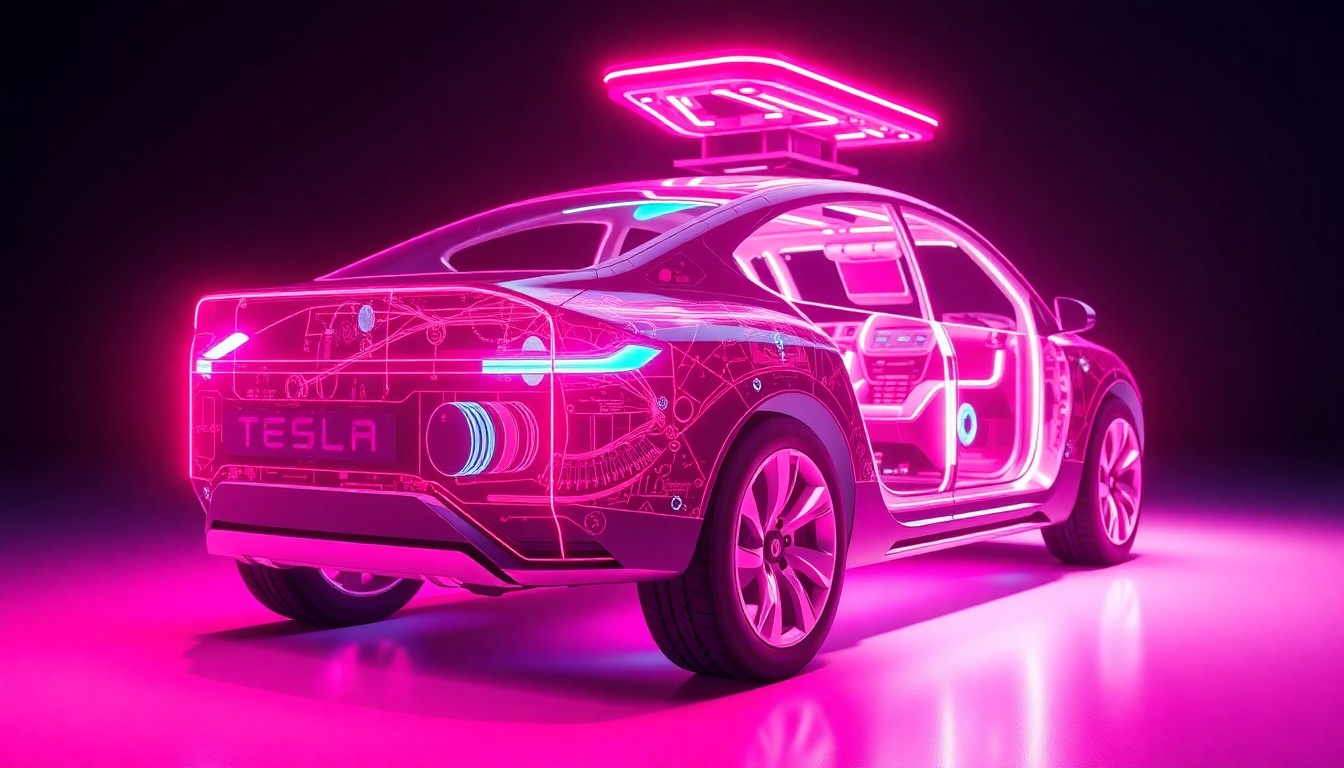 A highly detailed, glowing 3D illustration of a Tesla Cybertruck's internal components and sensors, illuminated by neon cyan and magenta lights, conceptually representing the advanced, interconnected technology powering the vehicle's autonomous capabilities.
