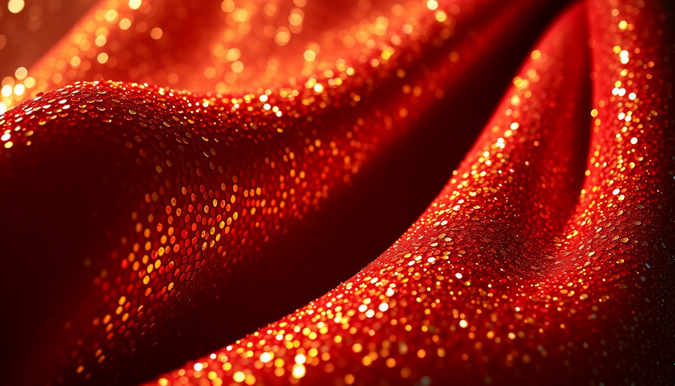 An extreme close-up of shimmering, textured fabric in vibrant colors, capturing the glamour and energy of Reuben Kaye's cabaret performance art.