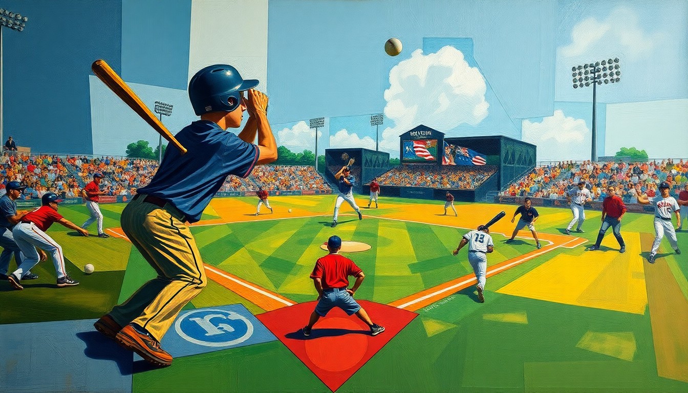 A fragmented, geometric painting depicting the dynamic action of a high school baseball game, with players, bats, and the field rendered in bold, overlapping shapes and colors.
