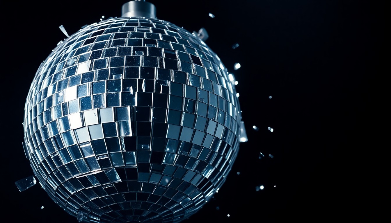 An extreme close-up of a shattered disco ball reflecting glittering shards of light, conceptually representing the supernatural elements and glamorous undertones in the latest episode of 'Will Trent.'