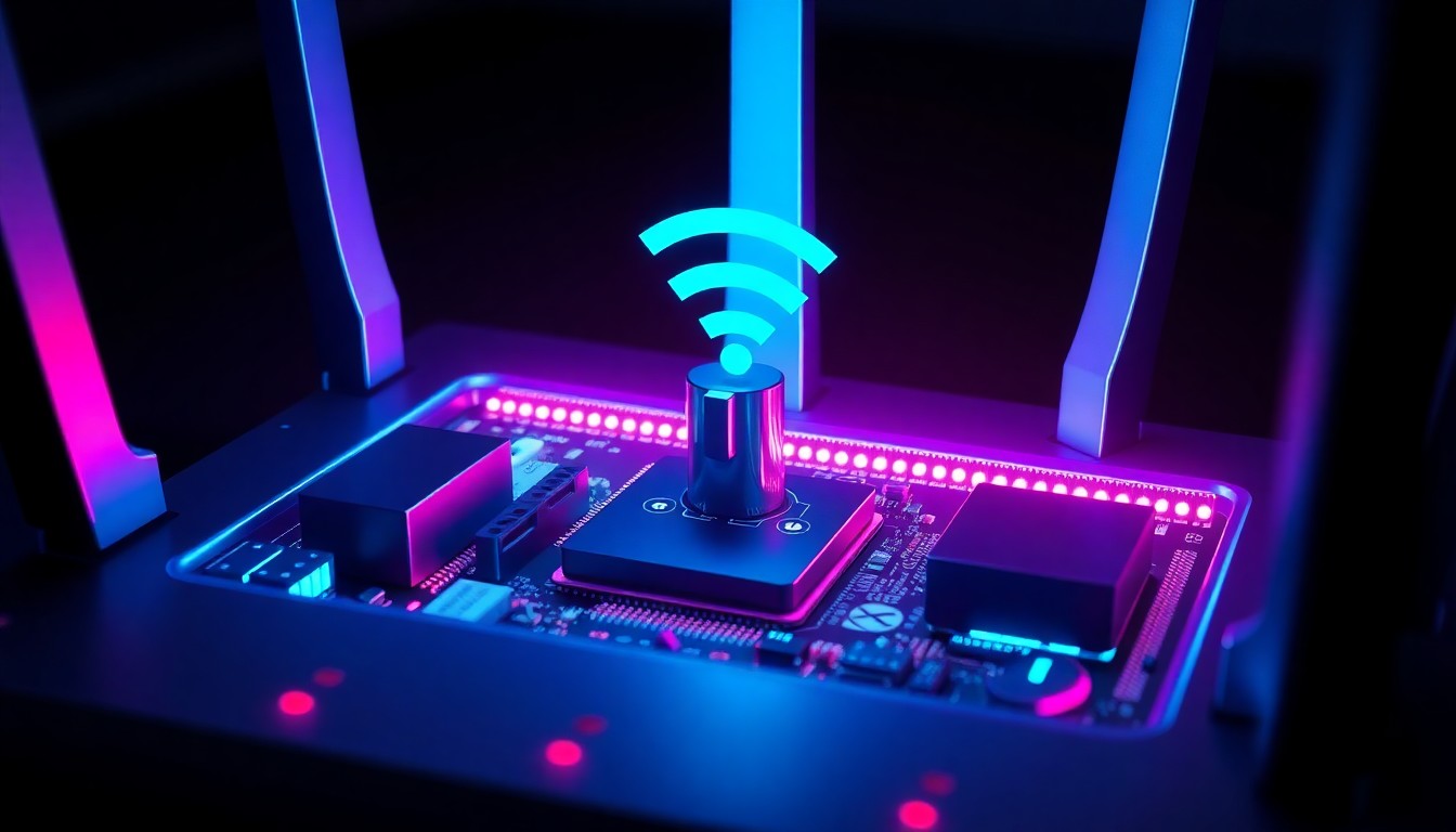 A highly detailed, glowing 3D macro illustration of a public Wi-Fi router with neon cyan and magenta lights illuminating the internal hardware components, conceptually representing the hidden risks and vulnerabilities of unsecured public Wi-Fi networks.