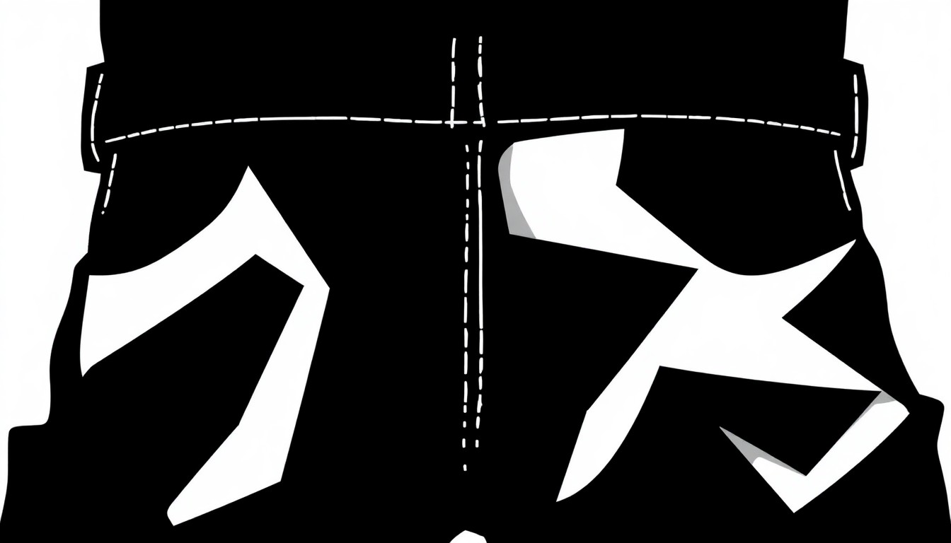 A minimalist, abstract illustration featuring a striking black silhouette of a classic pair of blue jeans, composed of bold, jagged geometric shapes in high-contrast black and white, capturing the timeless, iconic essence of Goldschmied's denim legacy.