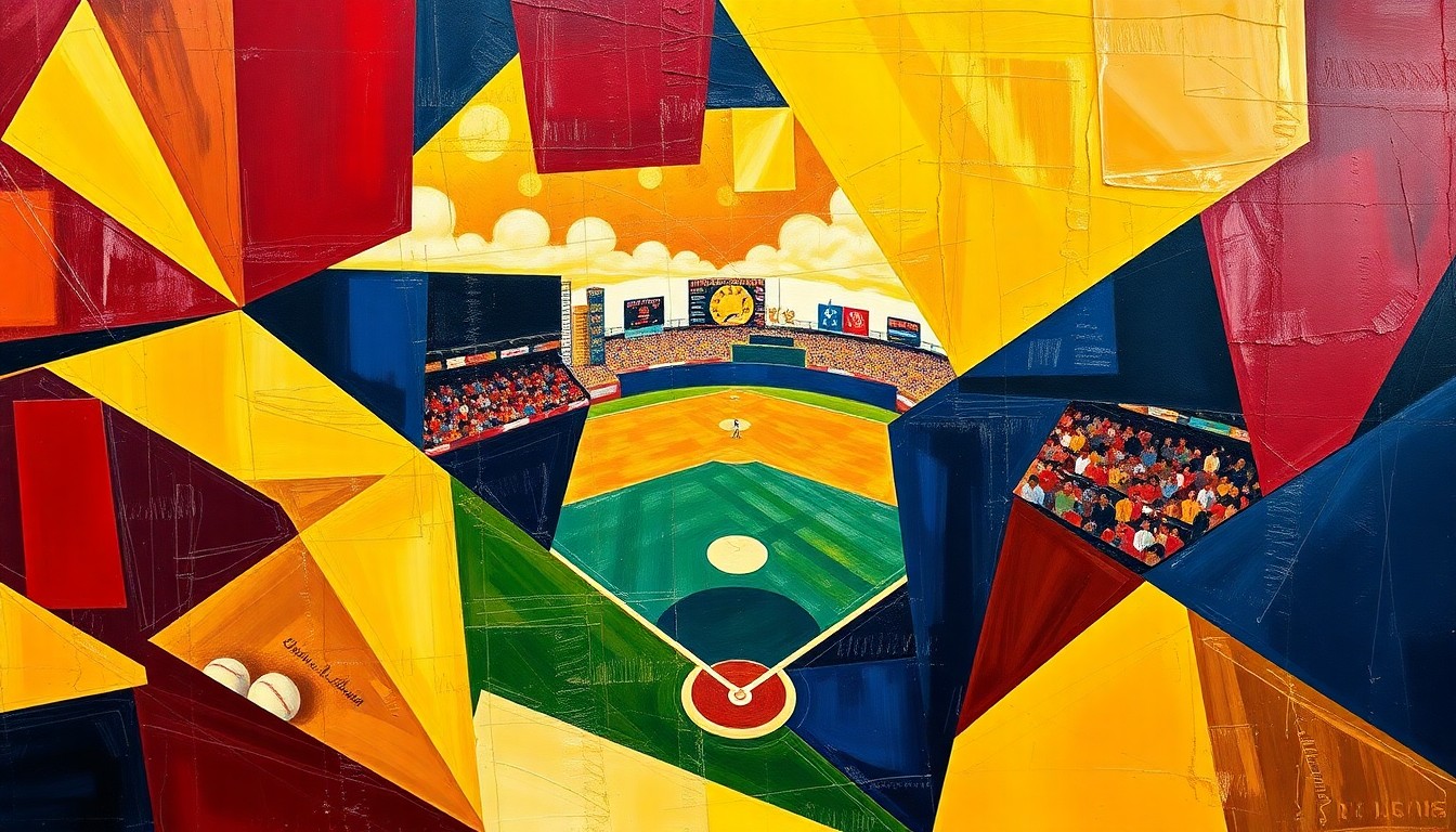 A cubist-style painting featuring overlapping geometric shapes and planes in navy, gold, and crimson, conveying the motion and intensity of a college baseball game.