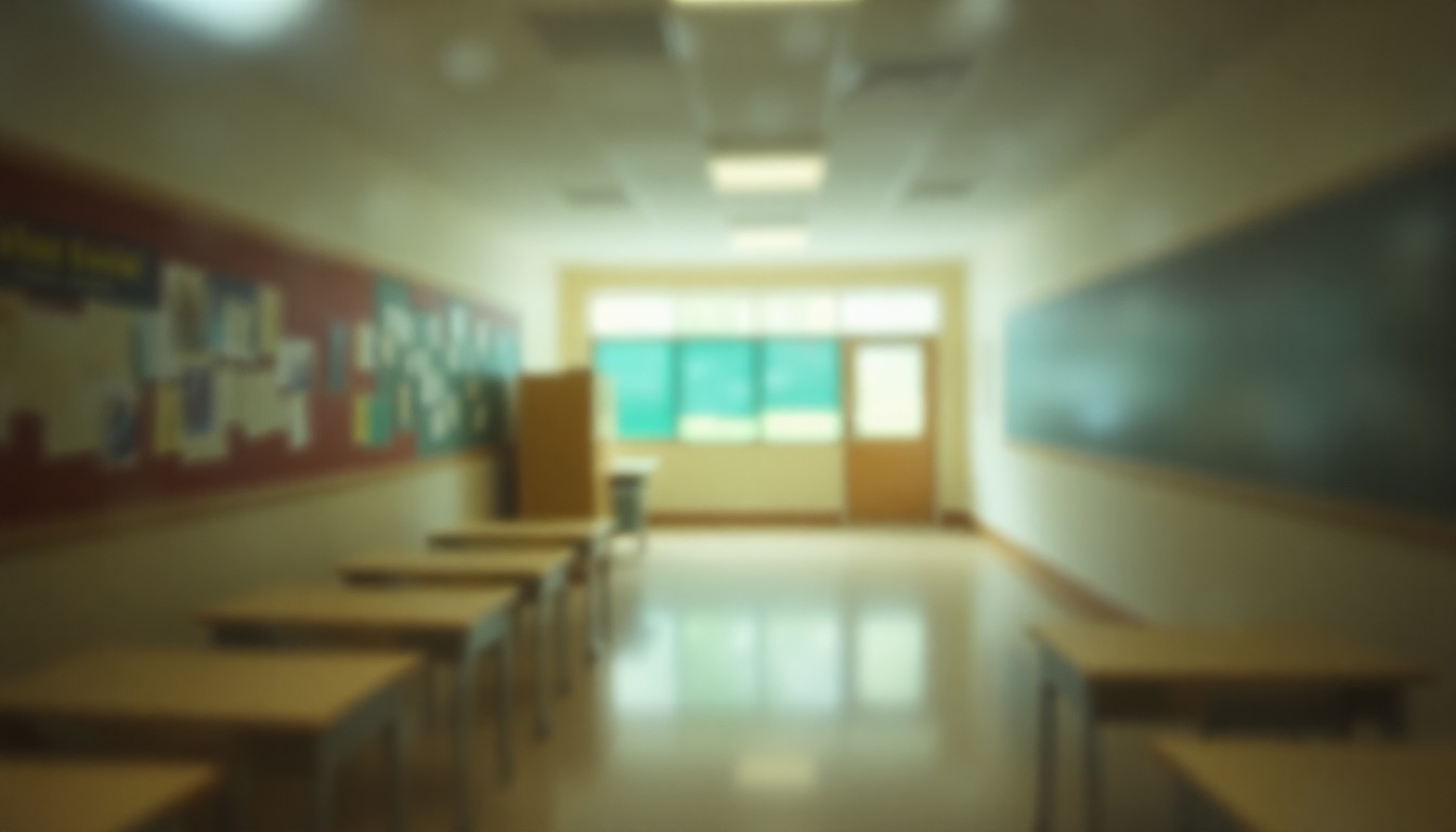 An abstract, out-of-focus photograph showing a blurred scene of an empty school hallway or classroom, with muted colors and soft, diffused light, conveying a sense of uncertainty and change within the education system.