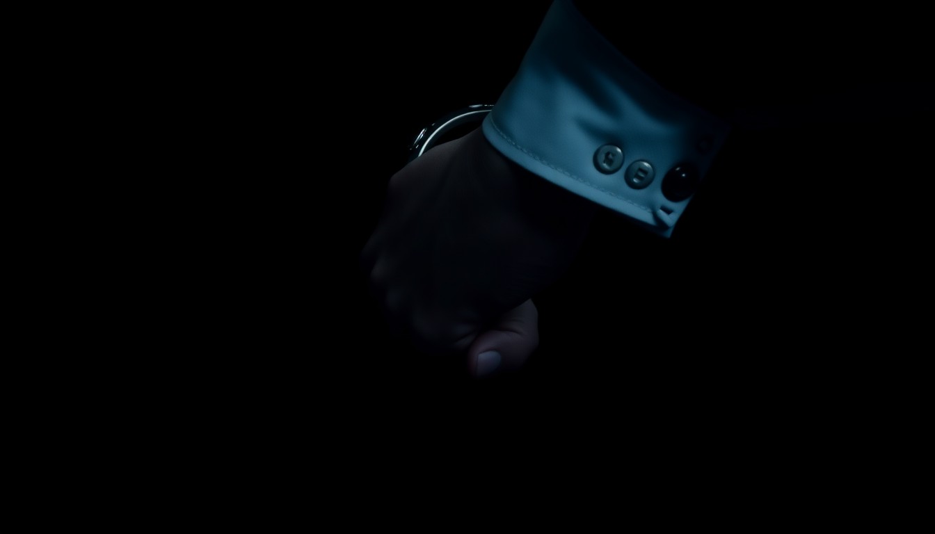 An extreme close-up photograph of a handcuffed wrist and part of a police uniform, lit by a harsh, direct camera flash against a pitch-black background, conceptually illustrating the stark, gritty details of a police investigation.