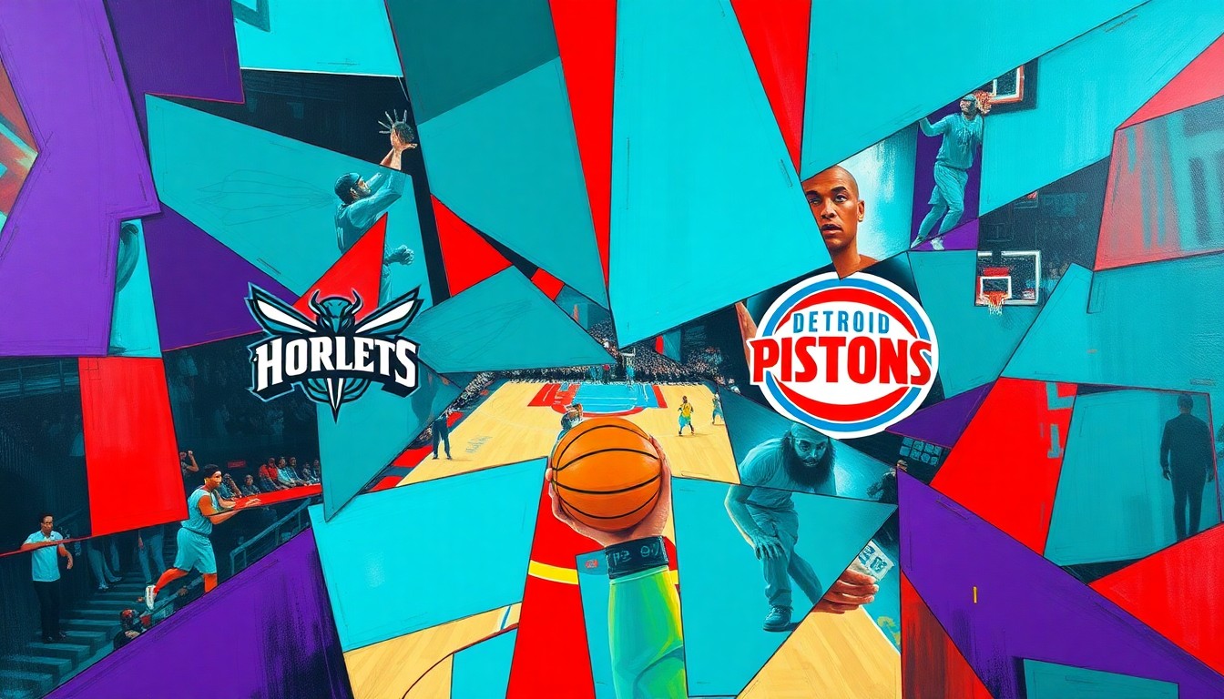 A cubist, geometric painting depicting a basketball game, with overlapping planes of teal, purple, and red creating a sense of dynamic movement and physicality on the court.