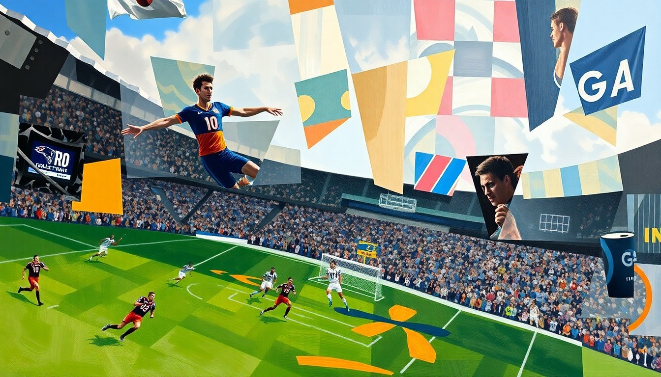 A cubist, geometric painting depicting a fragmented, multi-angled view of a sports competition, with sharp, overlapping shapes and planes representing the various perspectives and complexities involved.
