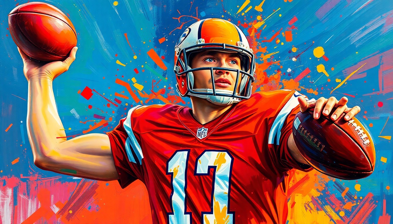 An abstract expressionist painting in neon colors, with rapid brushstrokes depicting the dynamic motion of a quarterback throwing a football. The player's face is obscured in the energetic splatters of paint.