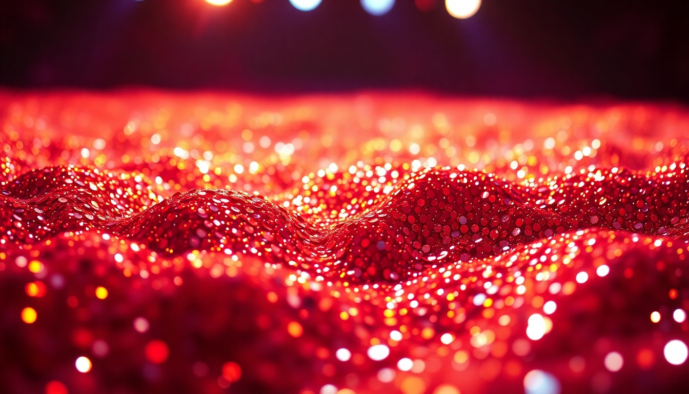 An abstract close-up photograph of shimmering, glittering sequins under dramatic, high-contrast studio lighting, conveying the glamour and energy of a music festival performance.