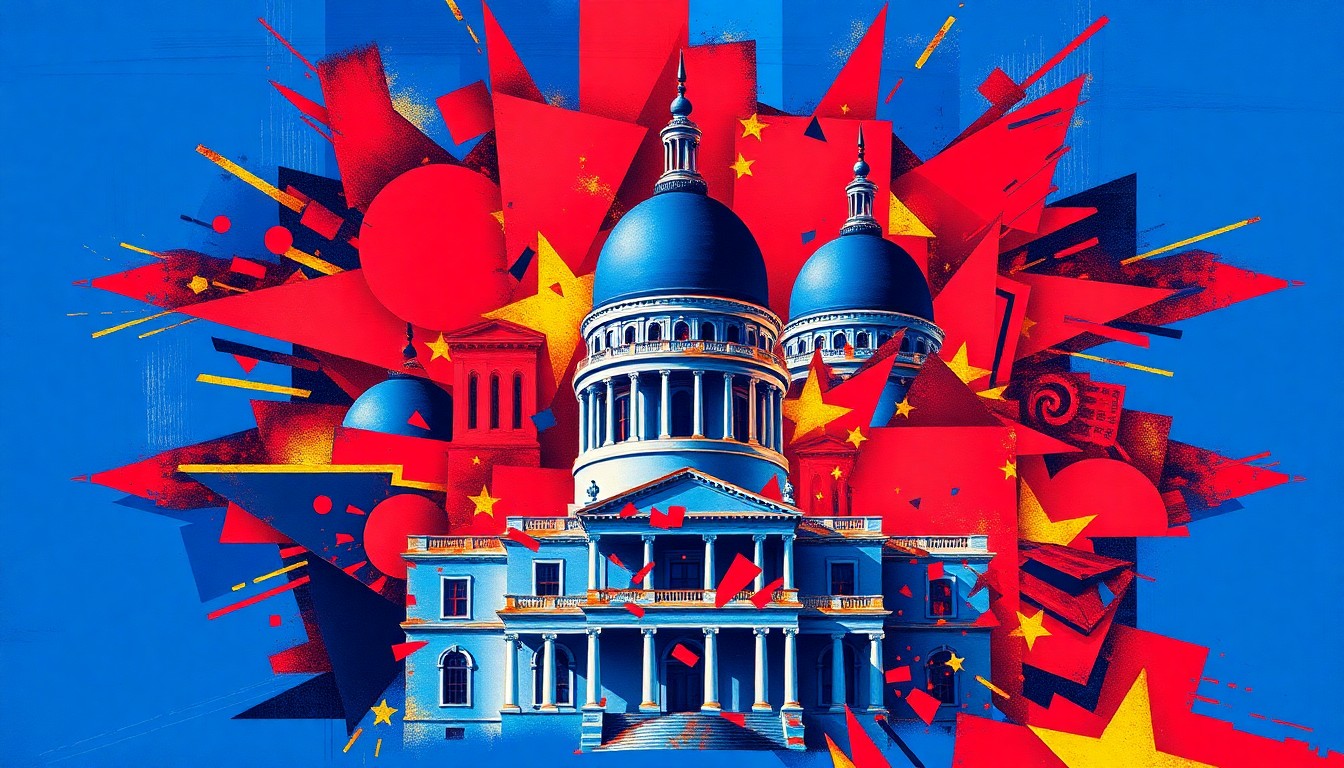 A vibrant, abstract painting featuring overlapping, geometric shapes in shades of blue, red, and gold, conceptually representing the chaotic energy and shifting political dynamics surrounding Louisiana's closed primary system.