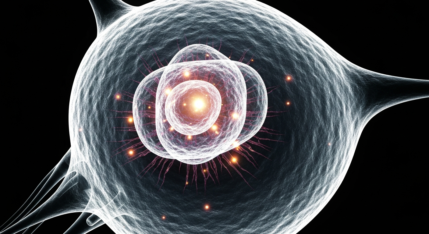 A translucent, ghostly X-ray image of a human immune cell, with the internal structures glowing faintly and a sense of energy and activation within the cell.