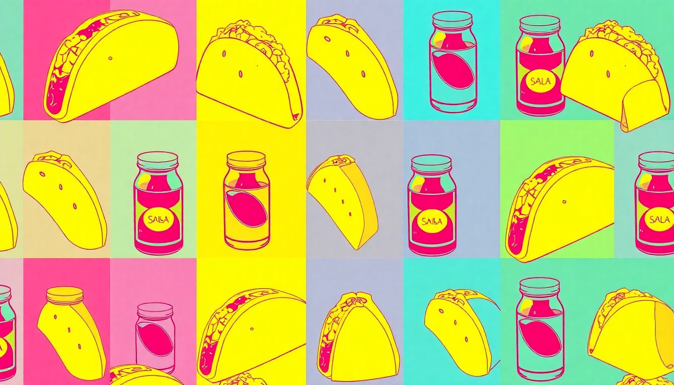 A high-contrast silkscreen print of a single, iconic Mexican food item such as a taco or burrito repeated in a tight grid pattern, rendered in a bold, neon color palette with heavy black outlines in the style of Andy Warhol's pop art, conceptually representing the return of a popular local restaurant.