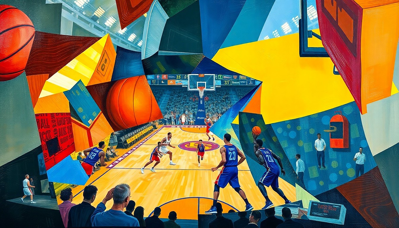 A cubist, geometric painting depicting a basketball game, with the players' forms broken down into abstract shapes and planes of color representing the teams' uniforms.