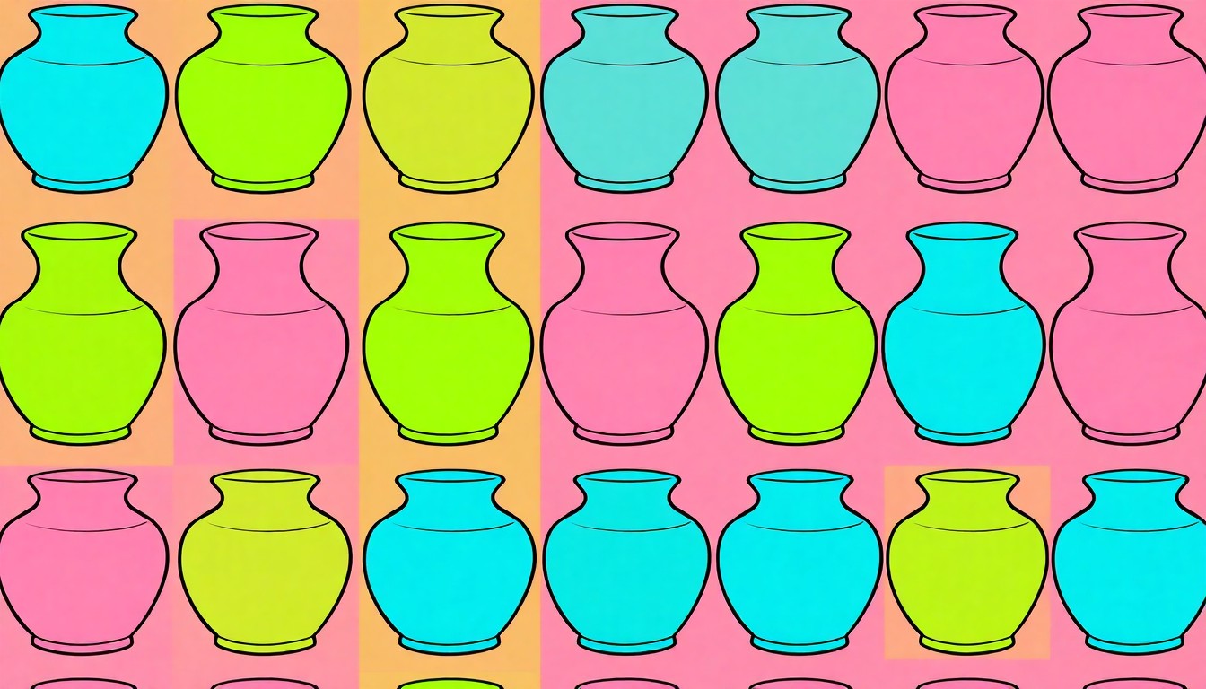 A vibrant, high-contrast silkscreen print of a single, iconic ceramic vase repeated in a grid pattern, conceptually representing the creative energy and dedication of a centenarian potter.