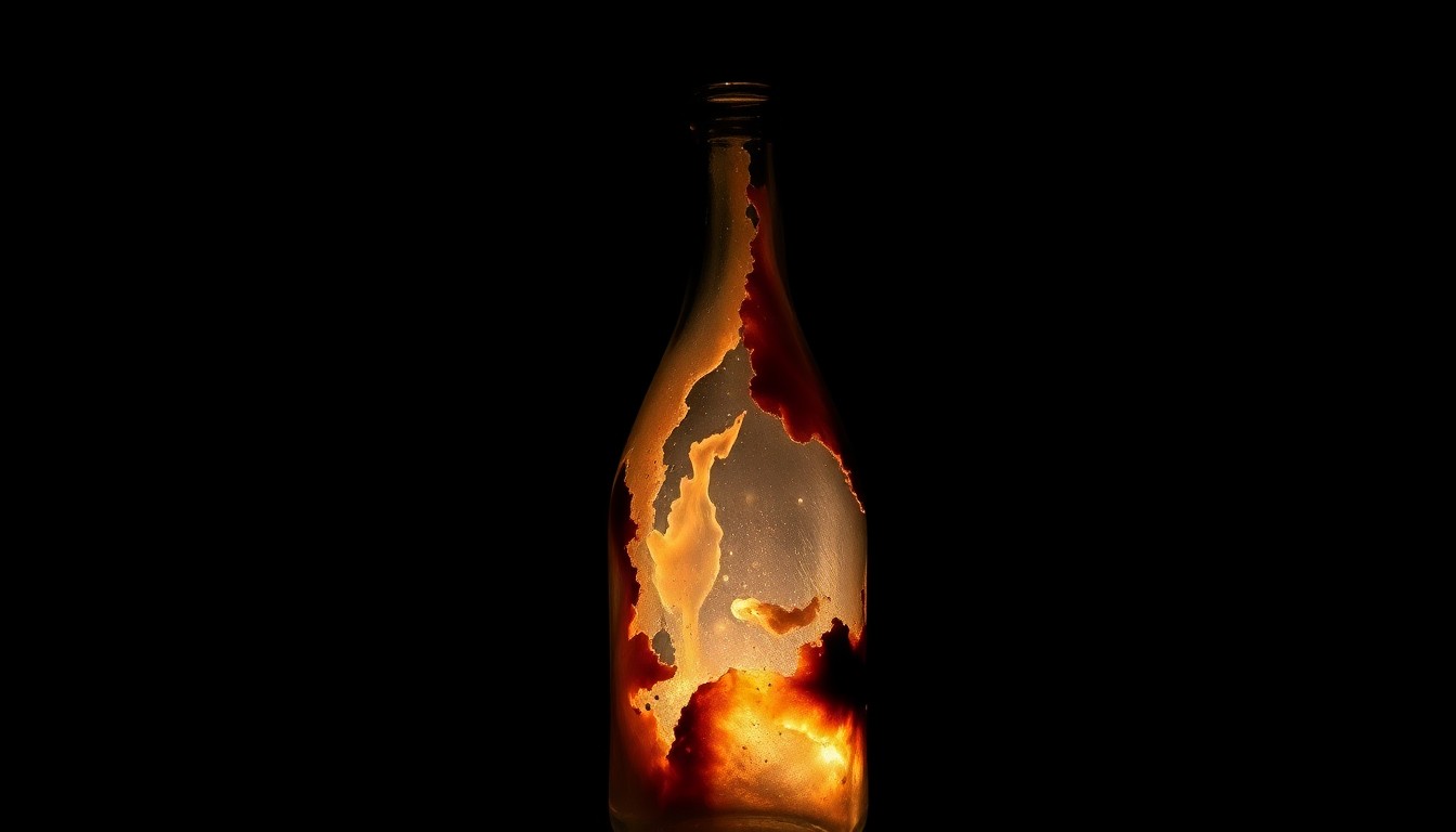 An extreme close-up of a partially melted and charred Molotov cocktail glass bottle, capturing the gritty, investigative aesthetic of the crime scene.