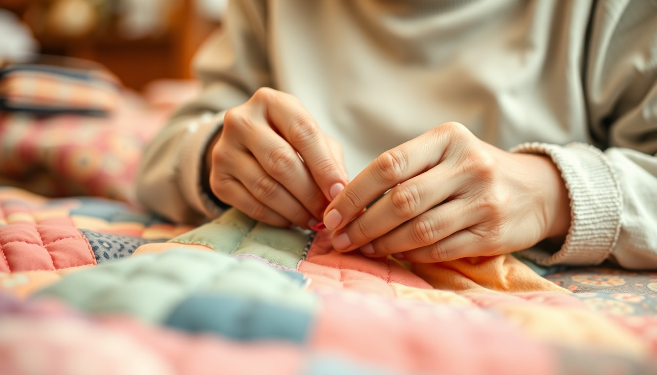 A close-up, impressionistic view of a volunteer's hands sewing a quilt, with the blurred background suggesting a cozy, domestic setting, conveying the care and warmth behind these charitable blankets.
