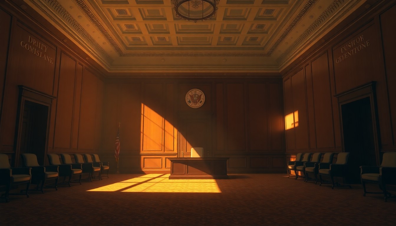 A dimly lit, cinematic government office space with a lone chair and desk, the warm sunlight casting deep shadows and creating a sense of unease and uncertainty.