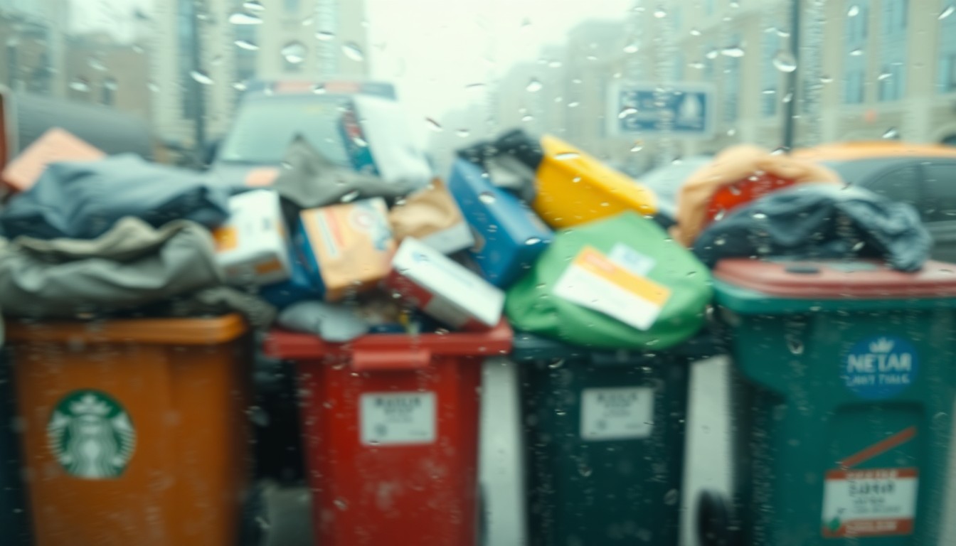 An impressionistic, out-of-focus photograph showing the blurred outlines of overflowing trash cans and recycling bins, conveying the conceptual idea of waste management challenges through a dreamlike, atmospheric visual metaphor.