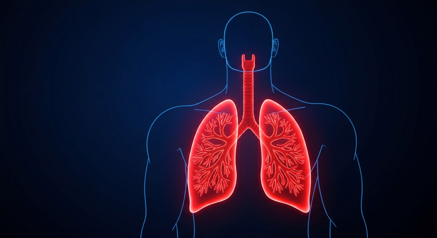 A minimalist neon outline illustration depicting the human torso and lungs, with the lungs glowing in a vibrant red against a dark blue background, conceptually representing the health concerns faced by the beloved sports broadcaster.