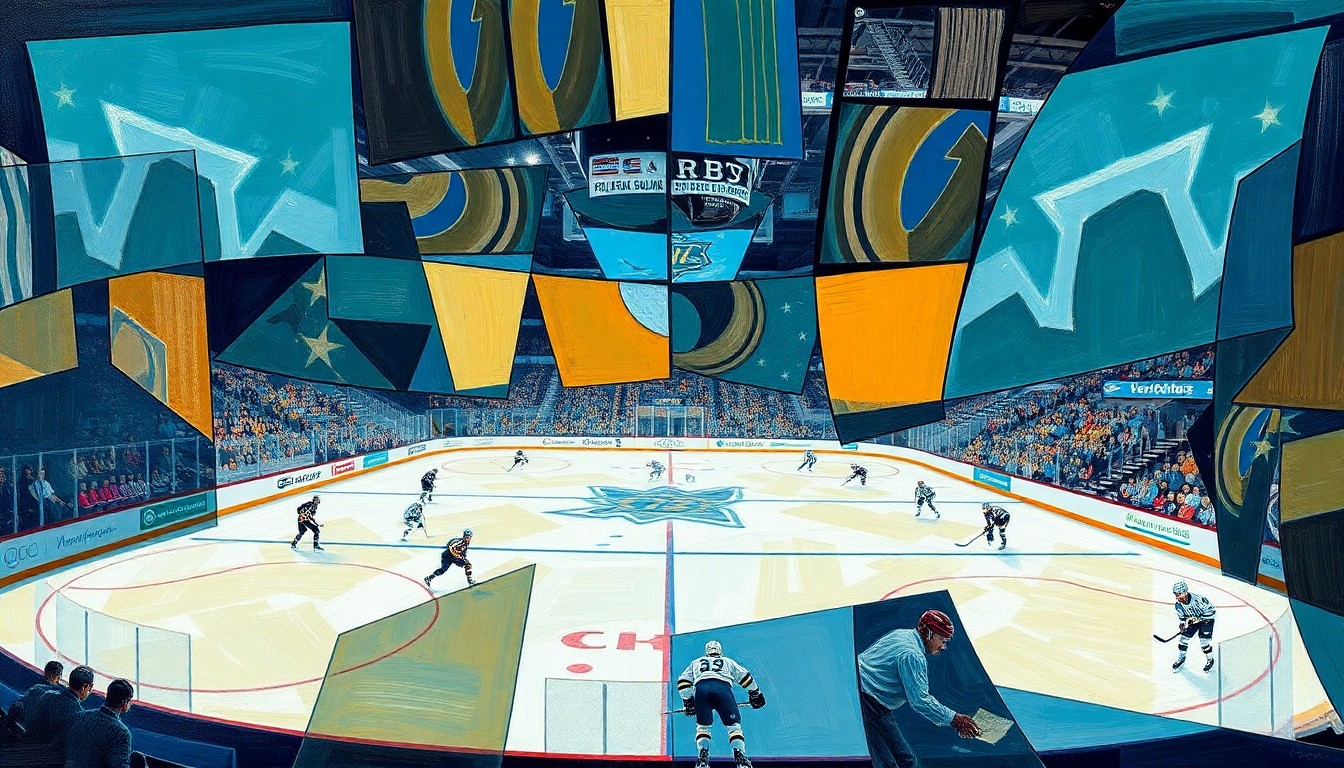 A cubist, geometric painting depicting a hockey game, with players and the puck fragmented into overlapping angular shapes and planes in a variety of bright colors, conceptually representing the competitive clash between the two teams.