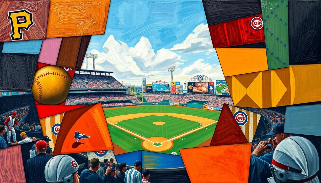 A fragmented, geometric painting depicting a baseball game, with overlapping planes and shapes representing the dynamic action and tension of the match.