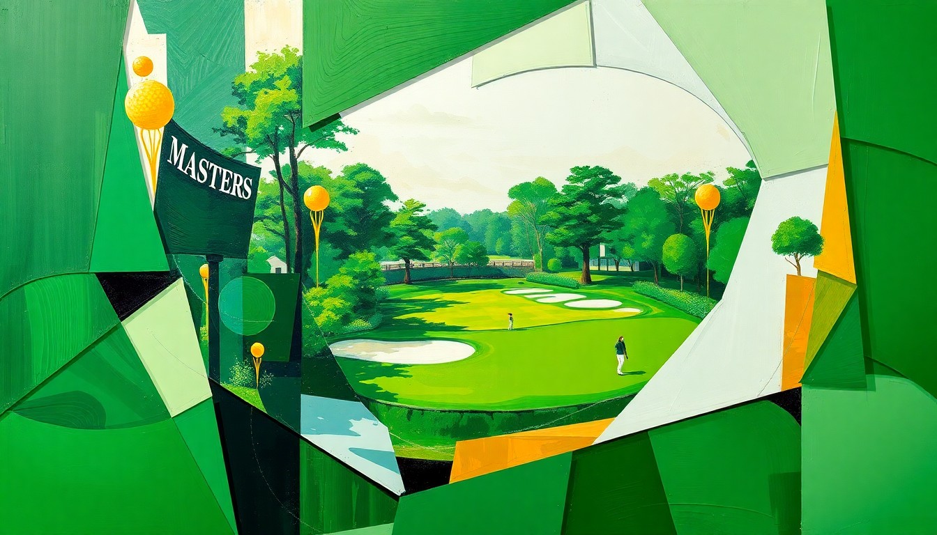 A cubist-style painting featuring fragmented, overlapping geometric shapes in shades of green, white, and gold, representing the various elements of the Masters Tournament, including the golf course, spectators, and the event's rituals and traditions.