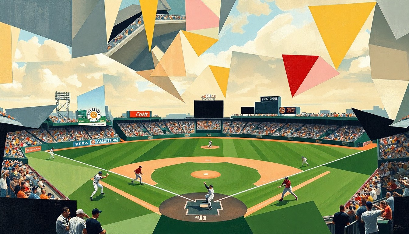 A cubist-style painting featuring overlapping geometric shapes and planes in shades of blue, green, and orange, representing the dynamic action and energy of a baseball game.