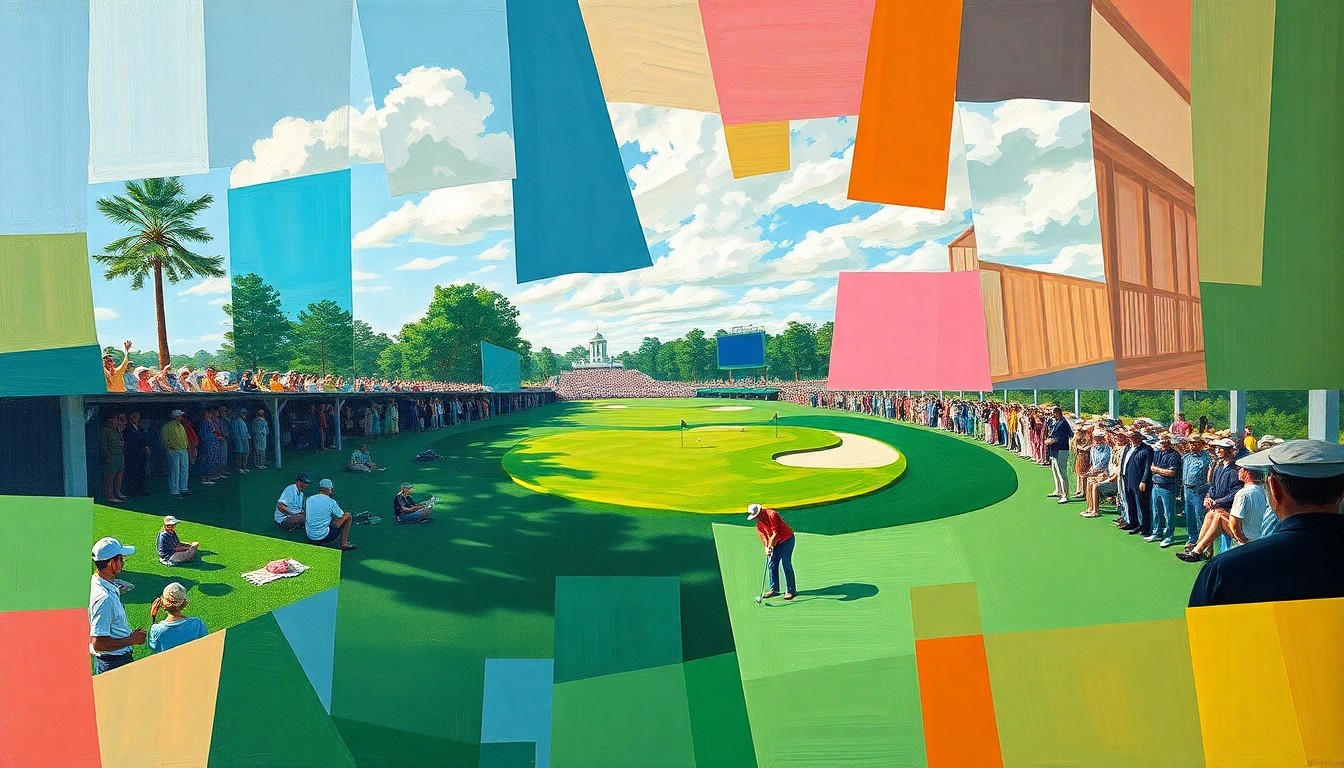 A cubist, geometric painting depicting a golf match at The Masters, with the players and course broken down into sharp, overlapping planes of color and shape, conveying the intense energy and emotion of the event.