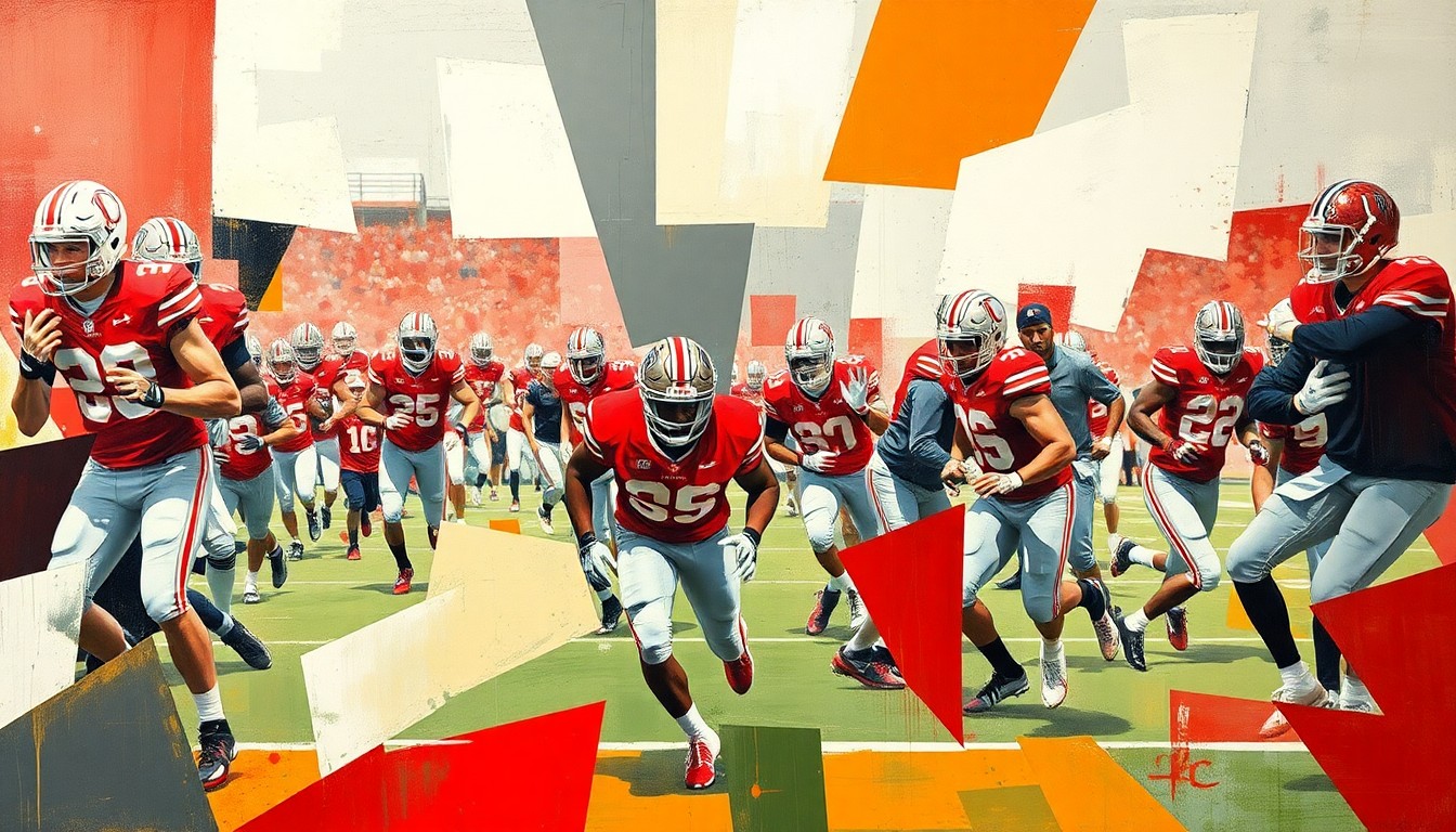 A fractured, cubist-style painting depicting an intense Ohio State football practice, with players in motion broken down into sharp, overlapping geometric shapes in the team's signature scarlet and gray colors, conveying the program's high-intensity culture.