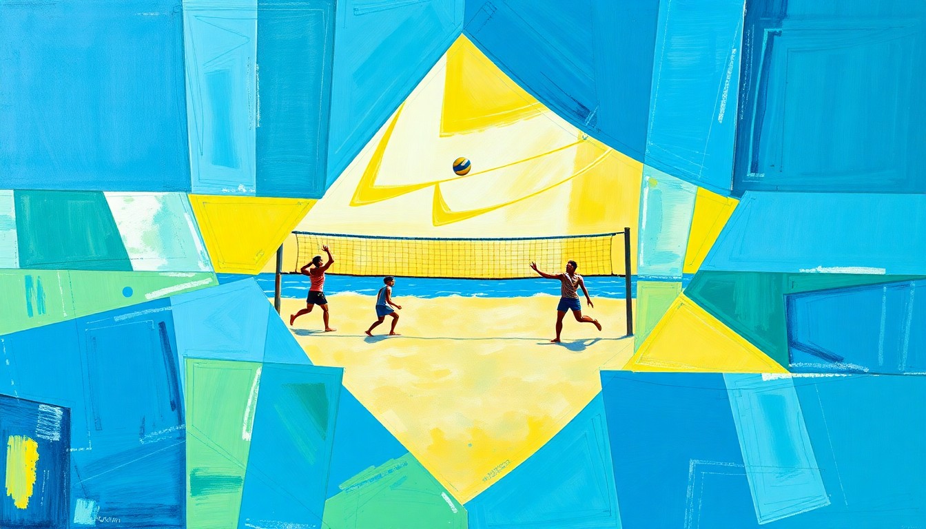 A cubist, geometric painting depicting a beach volleyball match, with the players and court broken down into overlapping planes of blue, green, and yellow.