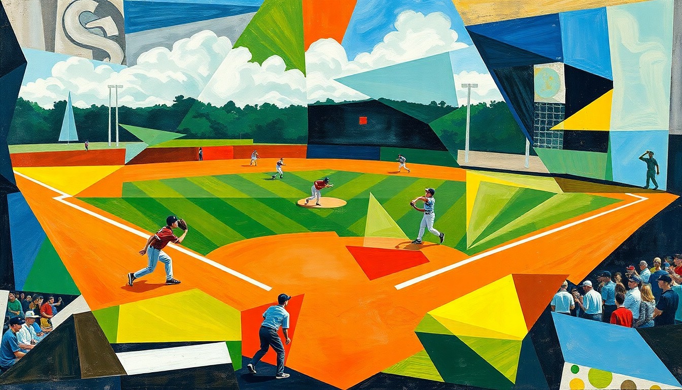 A fragmented, geometric painting in shades of blue, green, and orange, depicting the motion and movement of a high school baseball game in an abstract, deconstructed style.