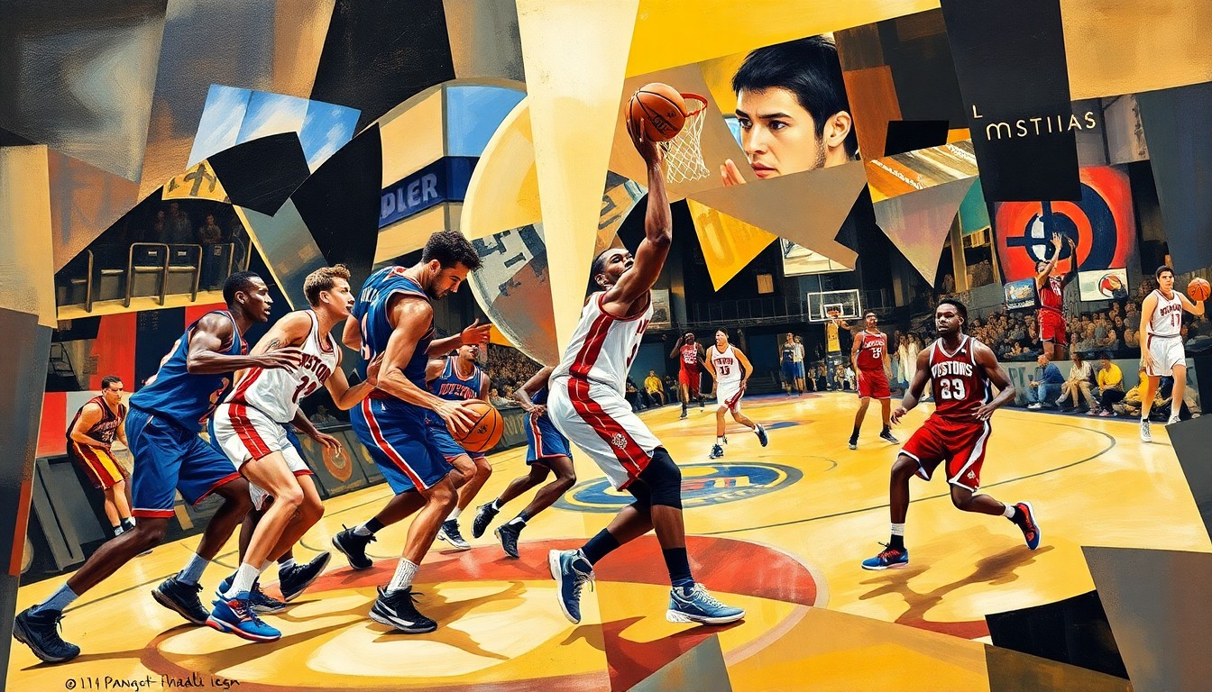A fractured, multi-perspective painting in a cubist style, with overlapping geometric planes representing the energy and movement of a Pistons basketball game. The players' forms are deconstructed and abstracted, capturing the raw intensity of the team's resilient performance.