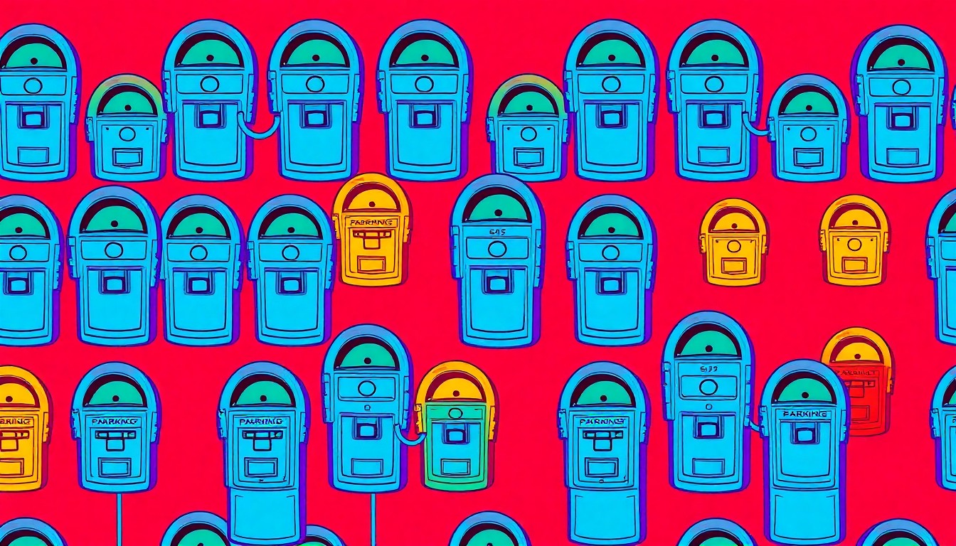 A bold, colorful silkscreen-style illustration featuring a repeating pattern of parking meter icons in vibrant neon shades, conceptually representing Kansas City's shift away from car-centric urban planning.