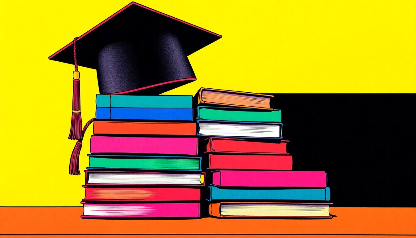 A bold, colorful silkscreen-style illustration featuring a repeating grid of school-related objects like textbooks, a graduation cap, and a chalkboard, rendered in a vibrant neon color palette with heavy black outlines, capturing the idea of educational leadership and innovation.