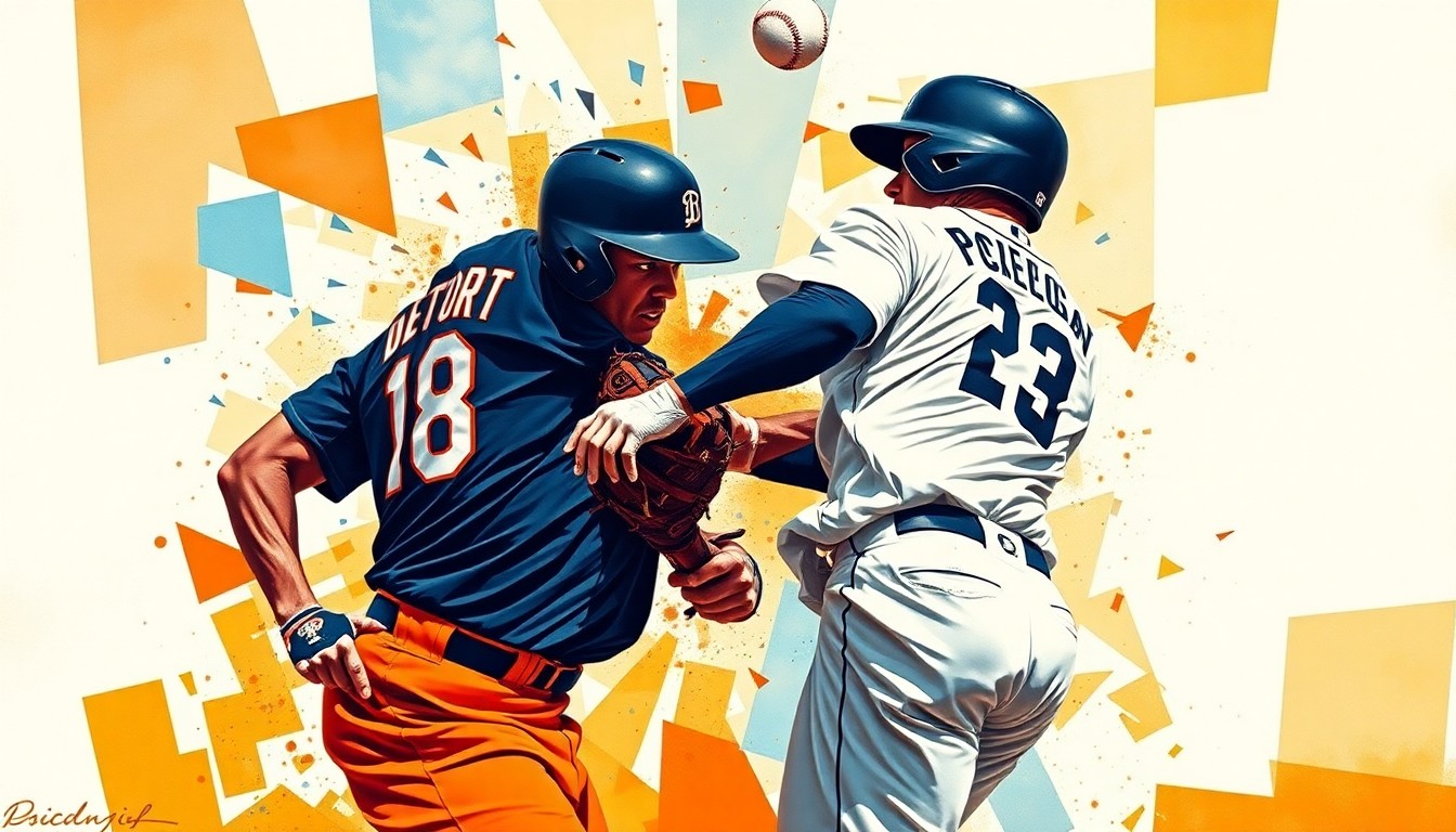 A fragmented, geometric painting depicting the collision between two baseball players, with sharp planes of navy blue, orange, and white representing the Detroit Tigers' uniforms.