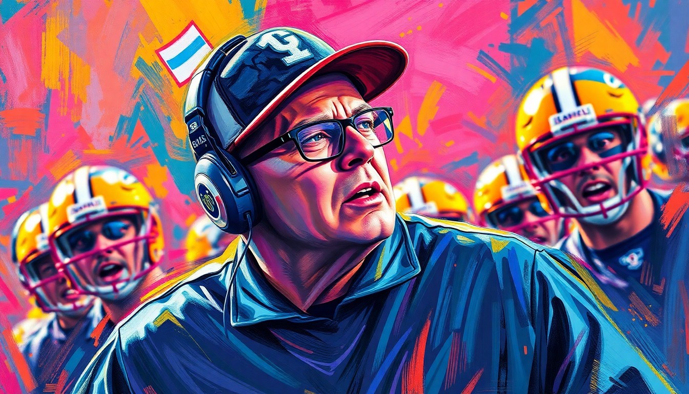 An abstract, expressionist painting in vibrant neon colors, featuring dynamic brushstrokes and shapes that evoke the energy and passion of an NFL football coach leading their team, conveying the unconventional and player-centric approach of the Cleveland Browns' new head coach.